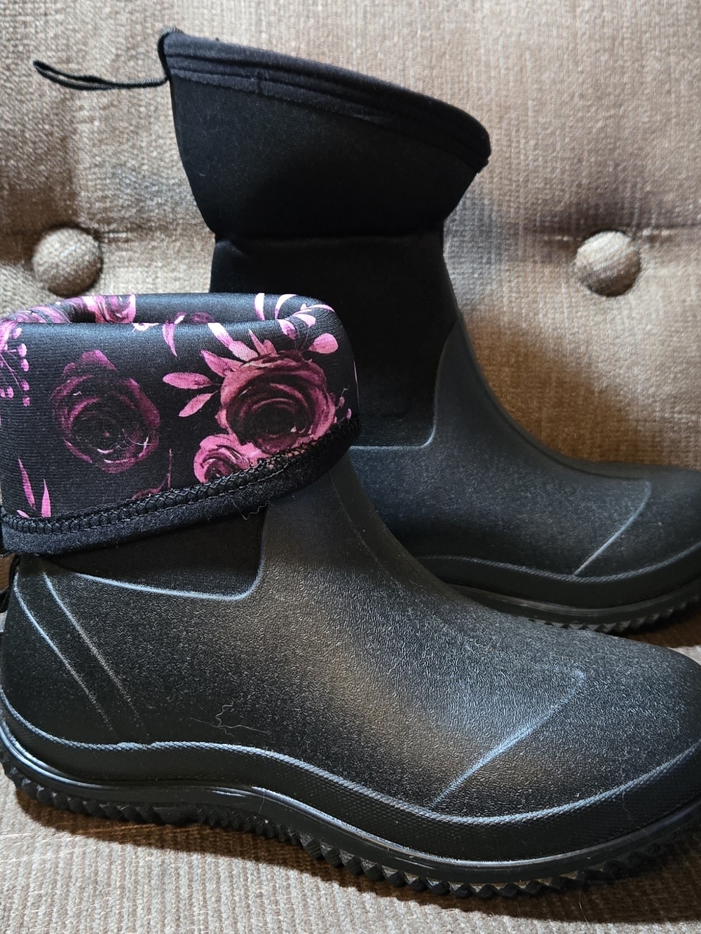 Black Women's Waterproof Winter Boots with Pink Floral Cuff